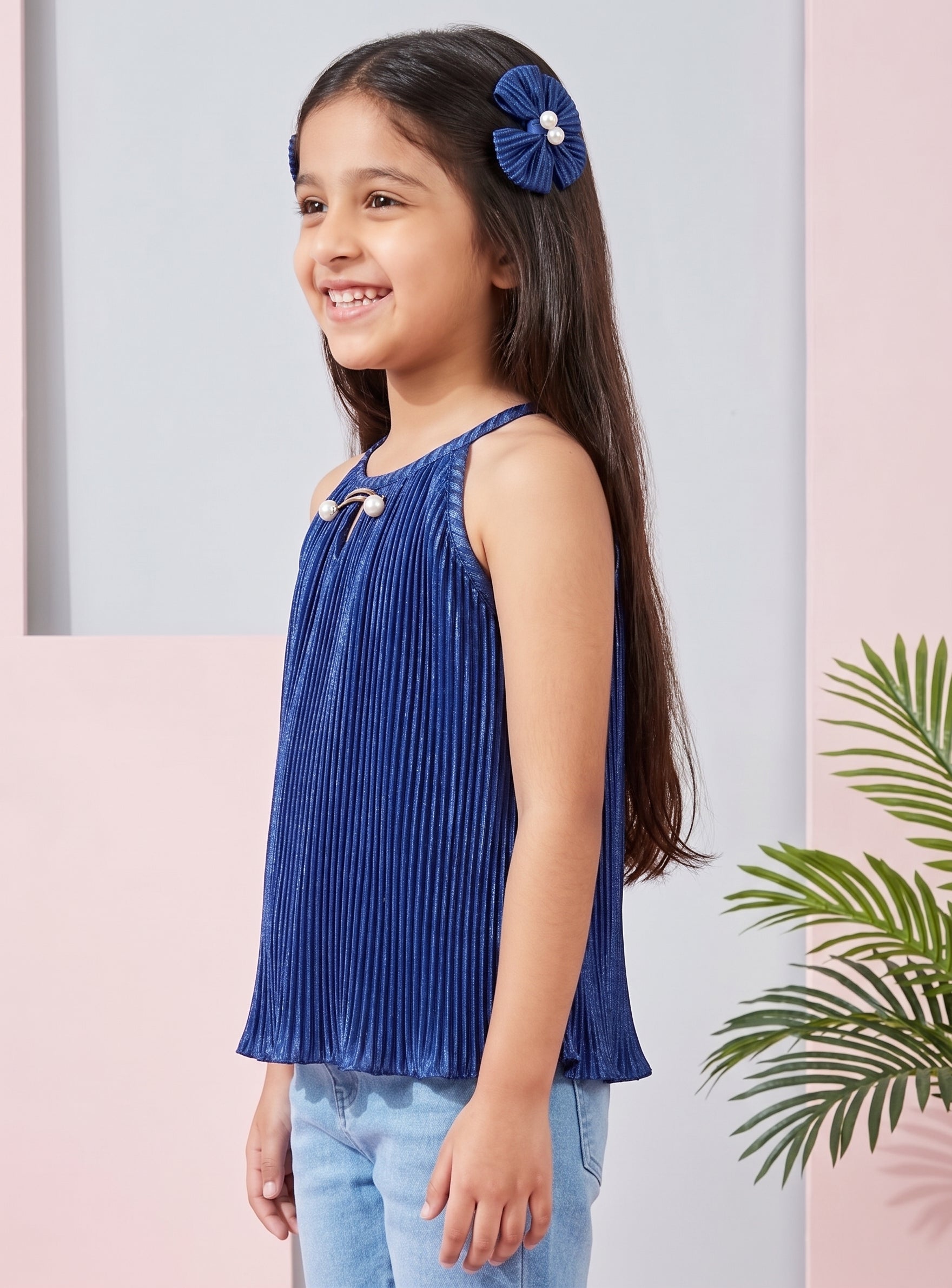 Navy Blue Pleated Satin Halter Top TG5047