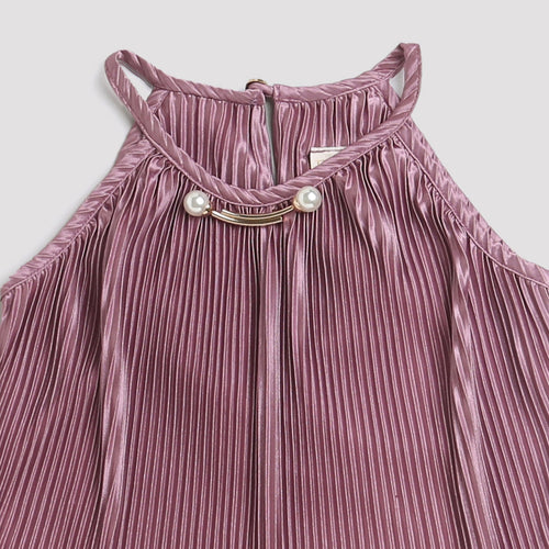 Onion Pink Pleated Satin Halter Top TG5047