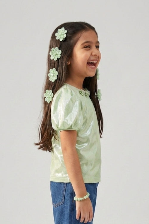 Light Green Shimmer Puff Sleeve Top TG5055