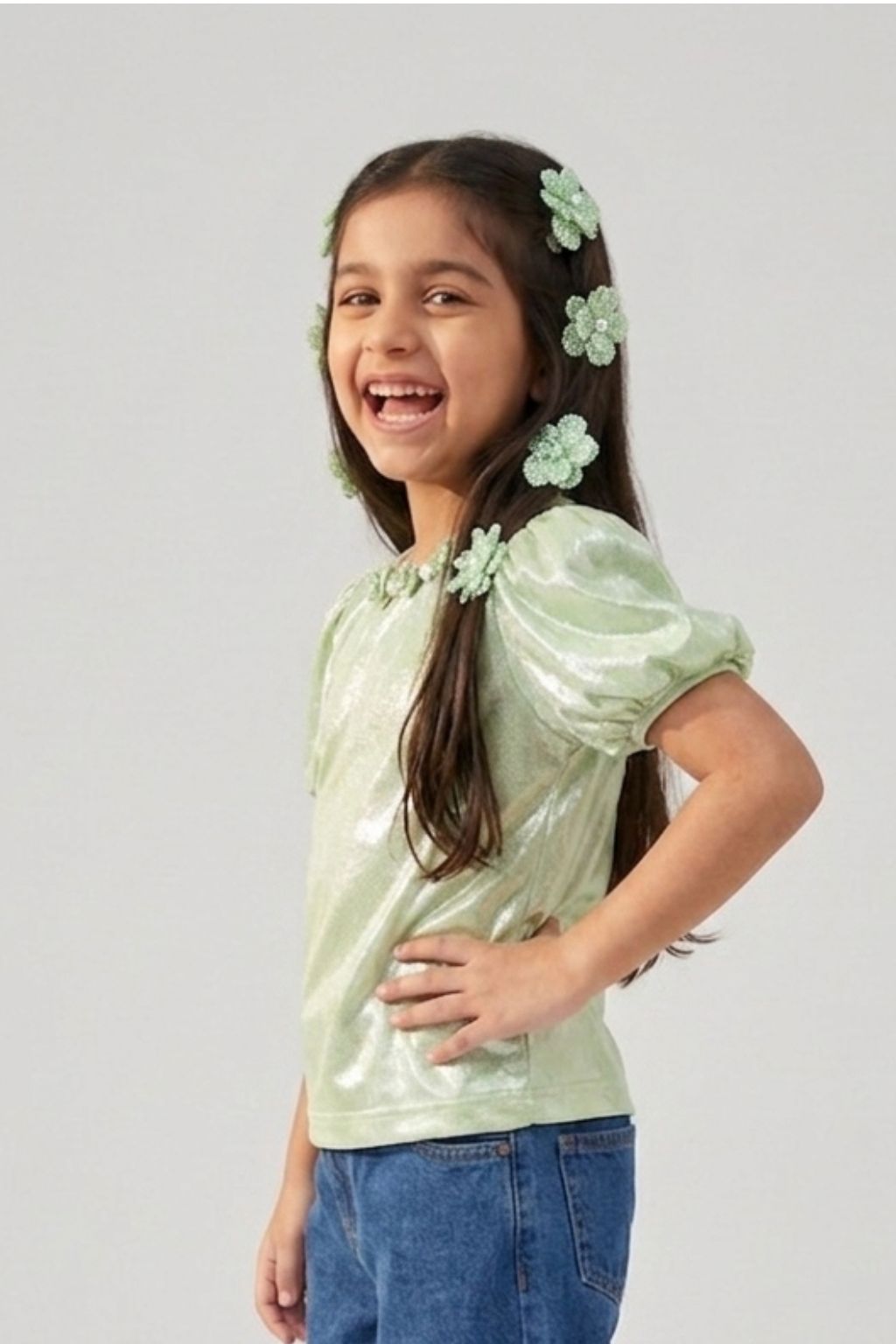 Light Green Shimmer Puff Sleeve Top TG5055