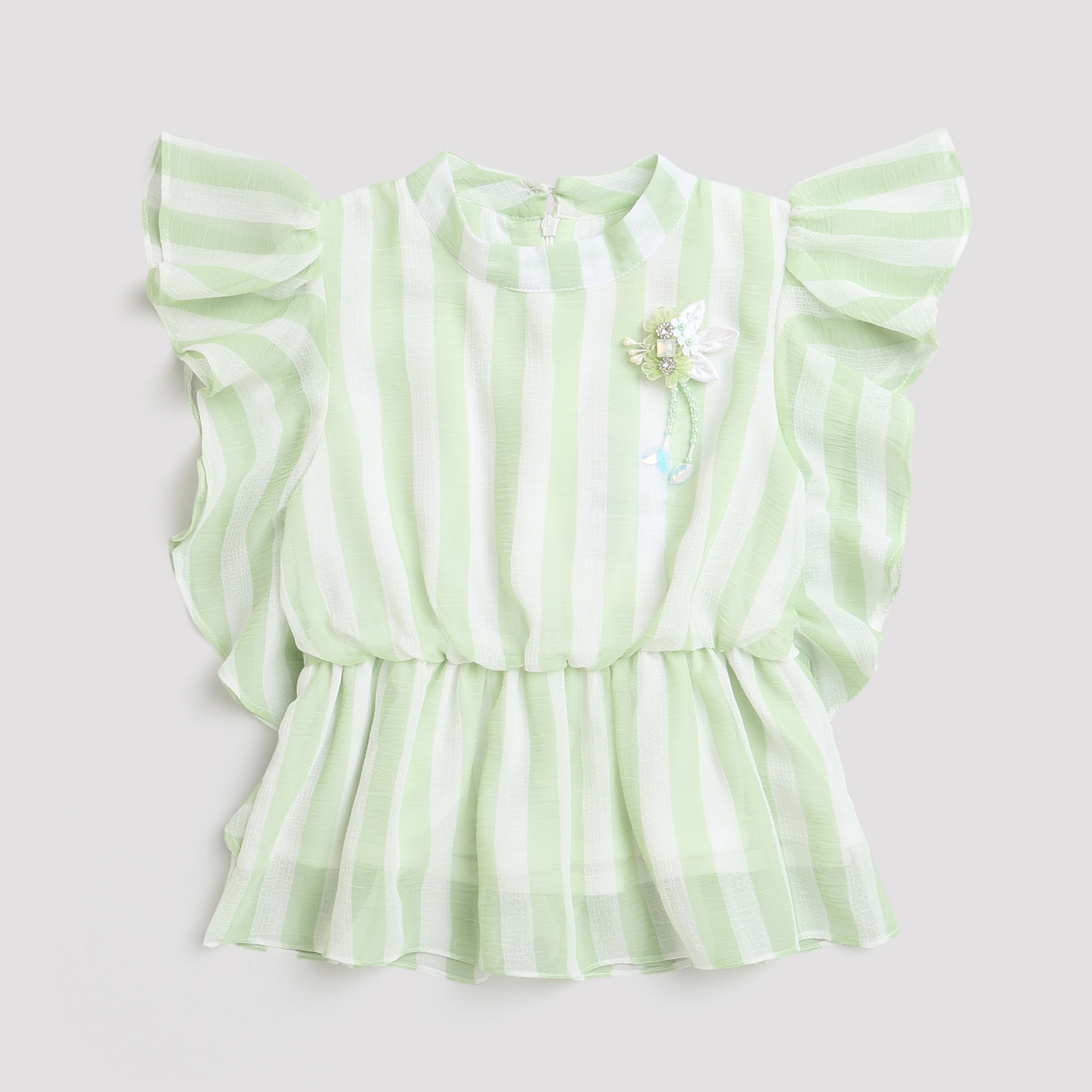 Green Striped Ruffle Sleeve Top TG5058