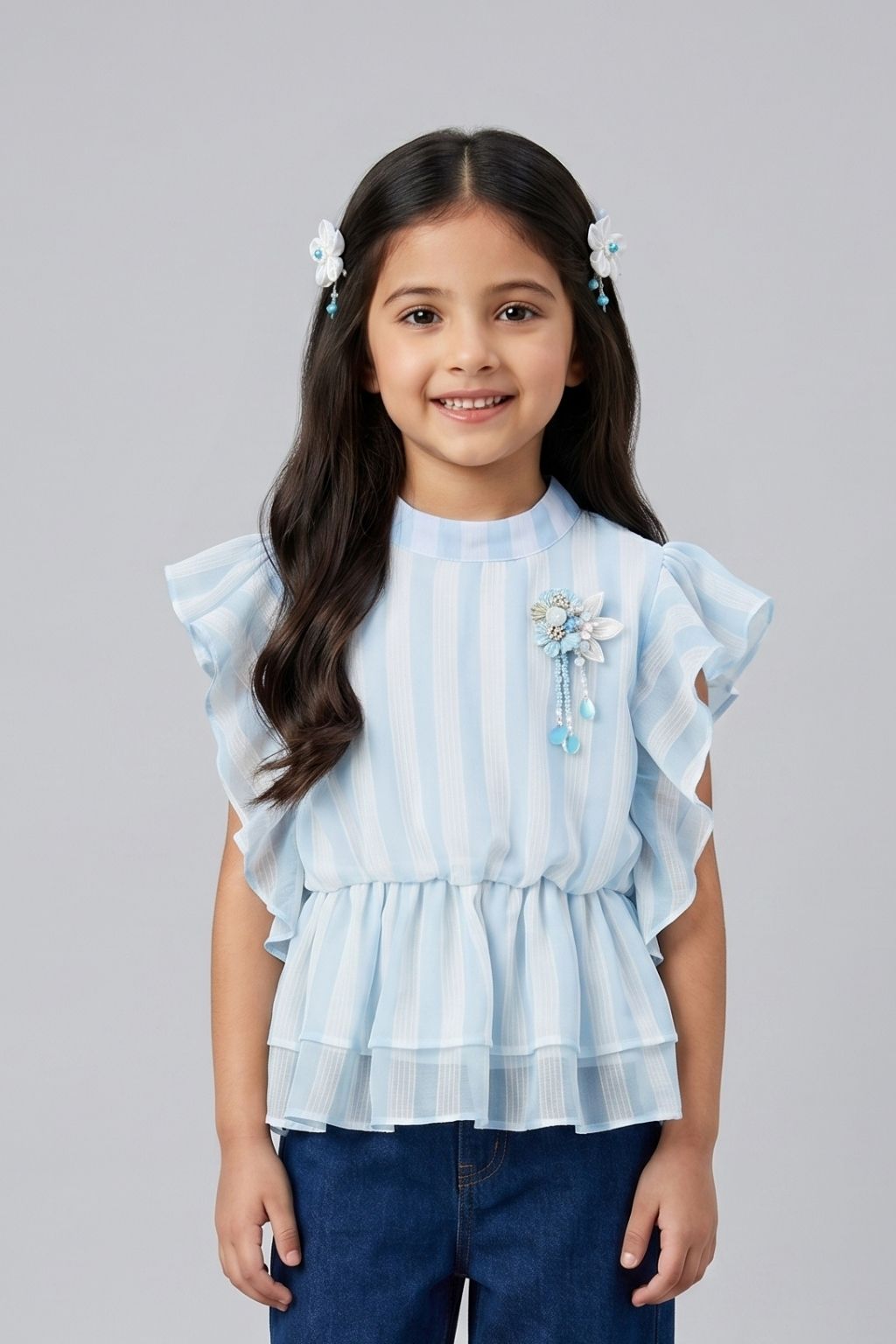 Sky Blue Striped Ruffle Sleeve Top TG5058