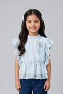 Sky Blue Striped Ruffle Sleeve Top TG5058