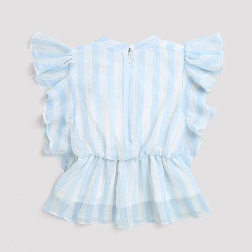 Sky Blue Striped Ruffle Sleeve Top TG5058