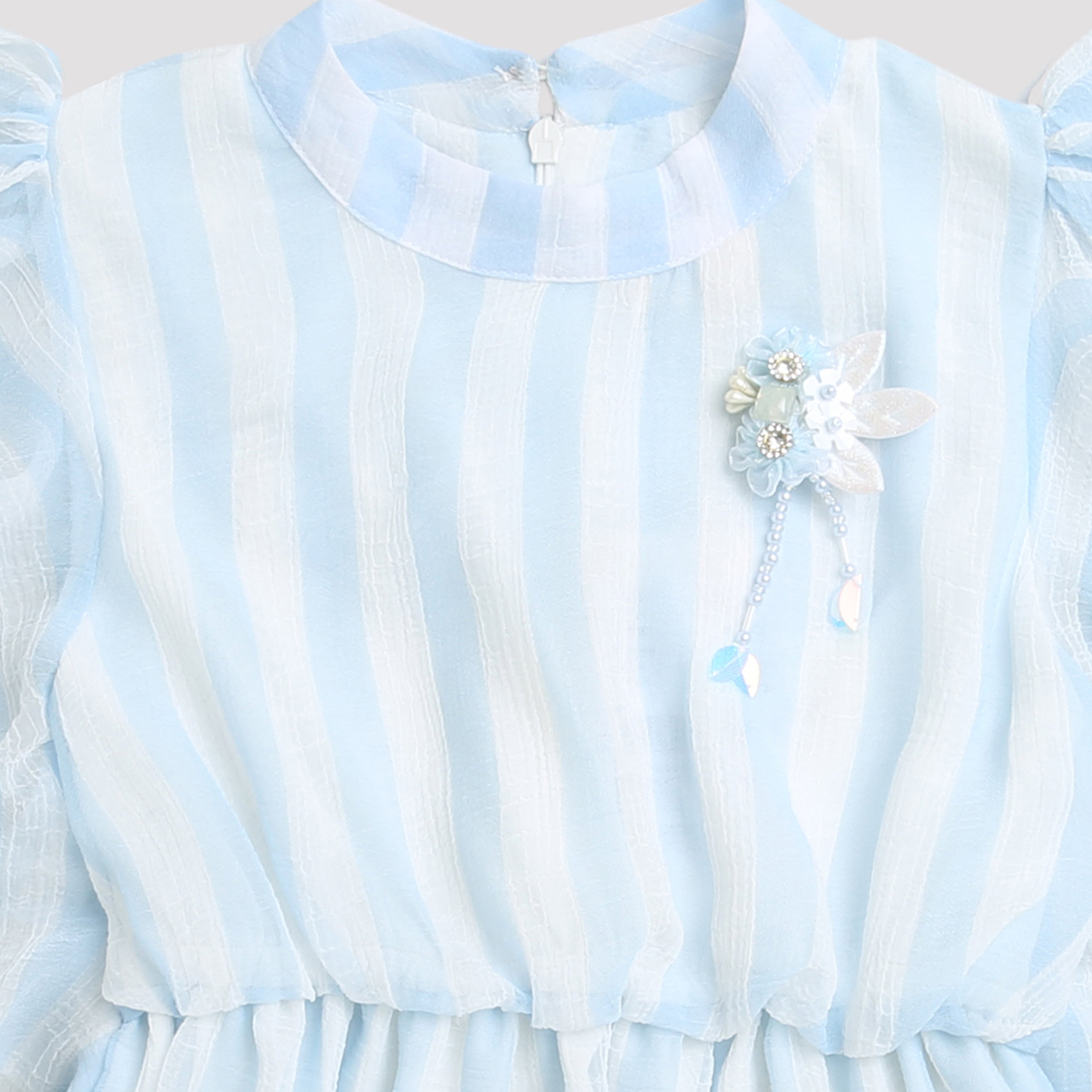 Sky Blue Striped Ruffle Sleeve Top TG5058