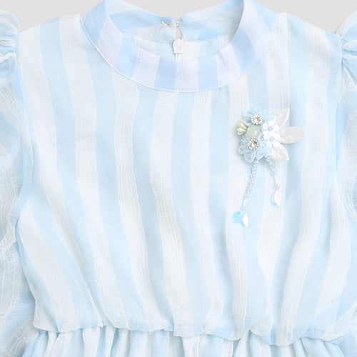 Sky Blue Striped Ruffle Sleeve Top TG5058