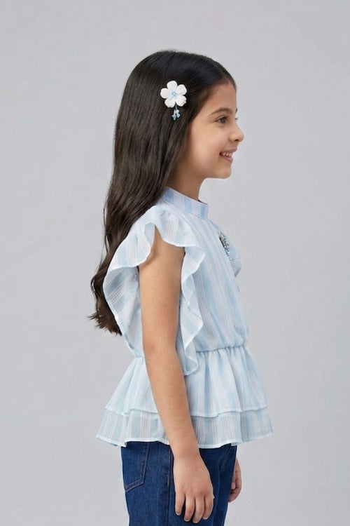 Sky Blue Striped Ruffle Sleeve Top TG5058
