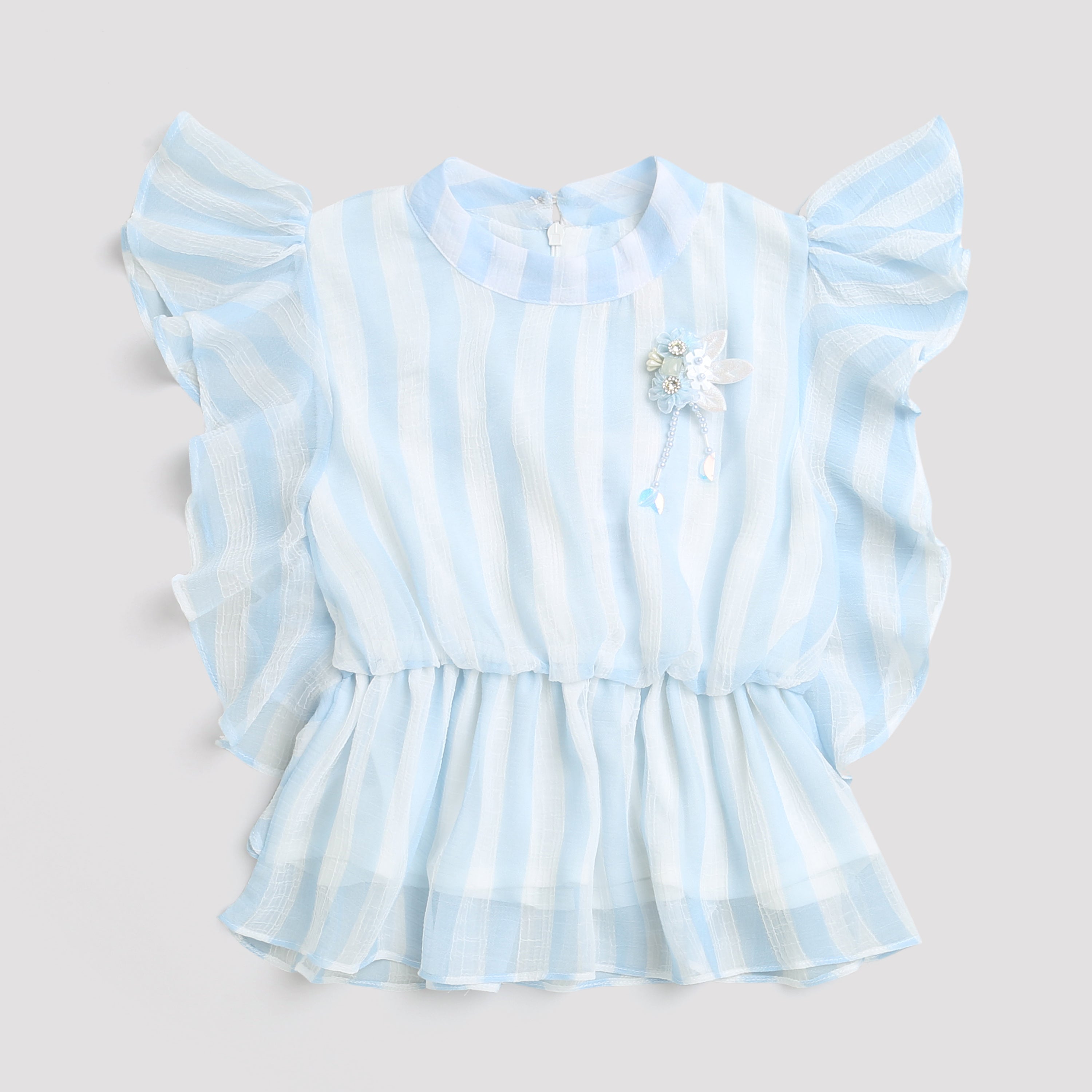 Sky Blue Striped Ruffle Sleeve Top TG5058