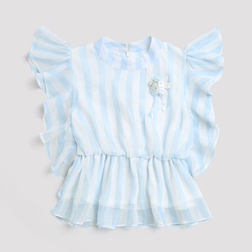 Sky Blue Striped Ruffle Sleeve Top TG5058