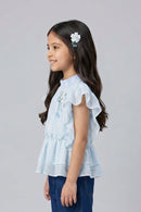 Sky Blue Striped Ruffle Sleeve Top TG5058