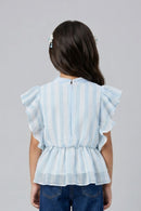 Sky Blue Striped Ruffle Sleeve Top TG5058