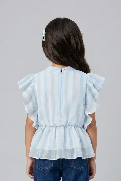 Sky Blue Striped Ruffle Sleeve Top TG5058