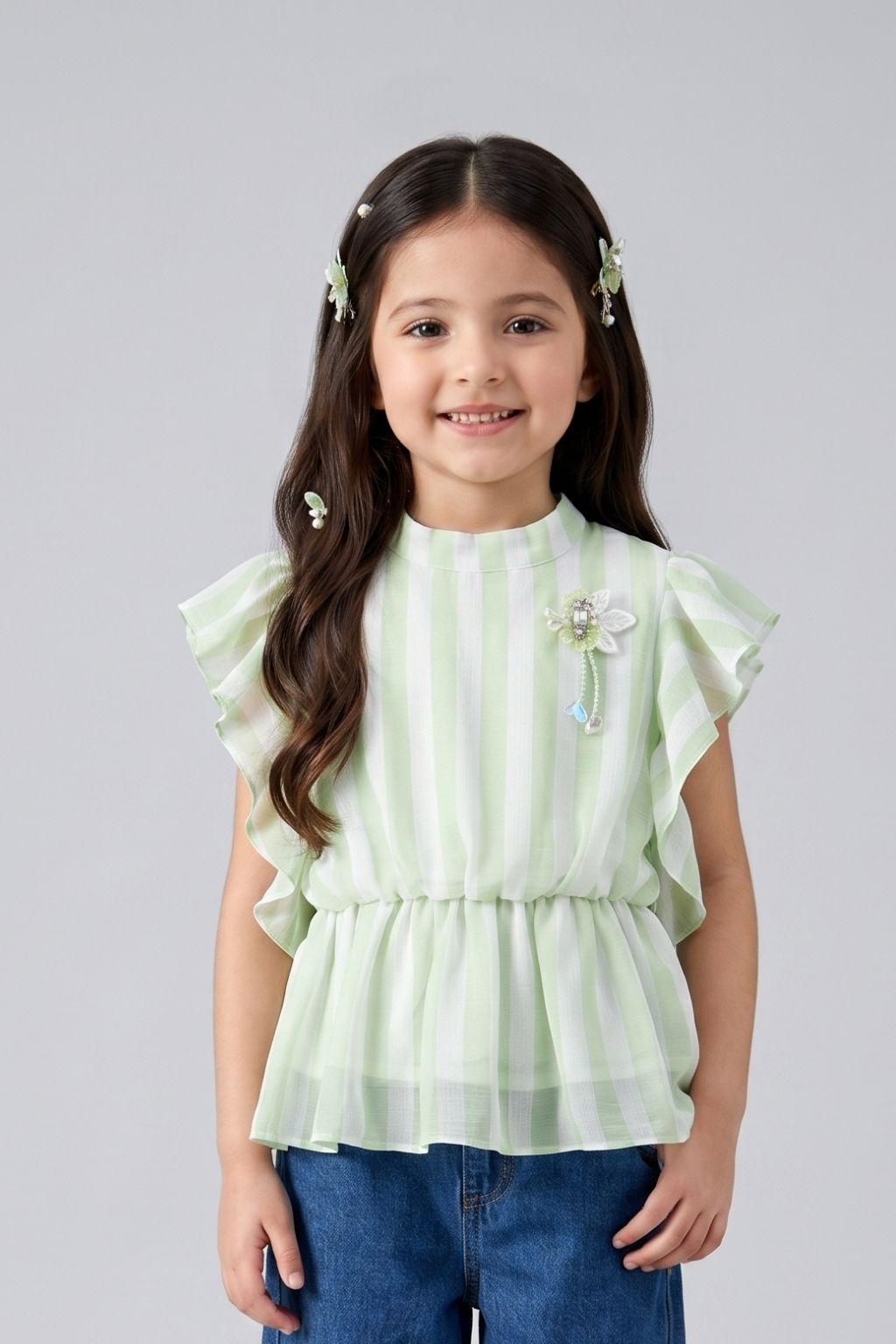 Green Striped Ruffle Sleeve Top TG5058