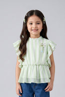 Green Striped Ruffle Sleeve Top TG5058