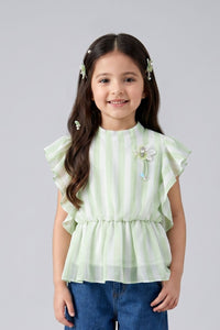 Green Striped Ruffle Sleeve Top TG5058
