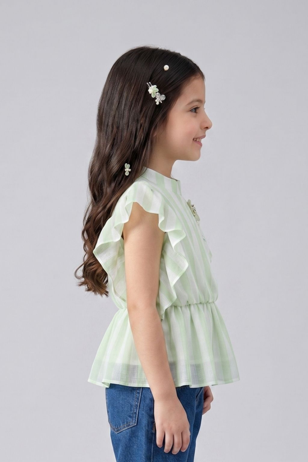 Green Striped Ruffle Sleeve Top TG5058