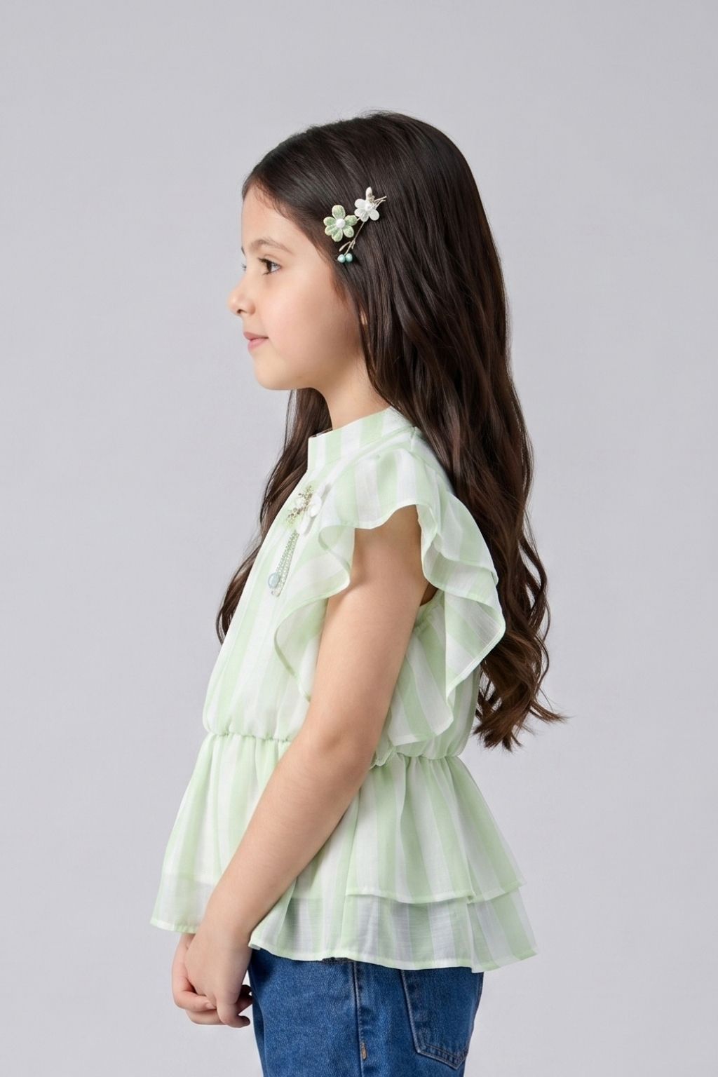 Green Striped Ruffle Sleeve Top TG5058