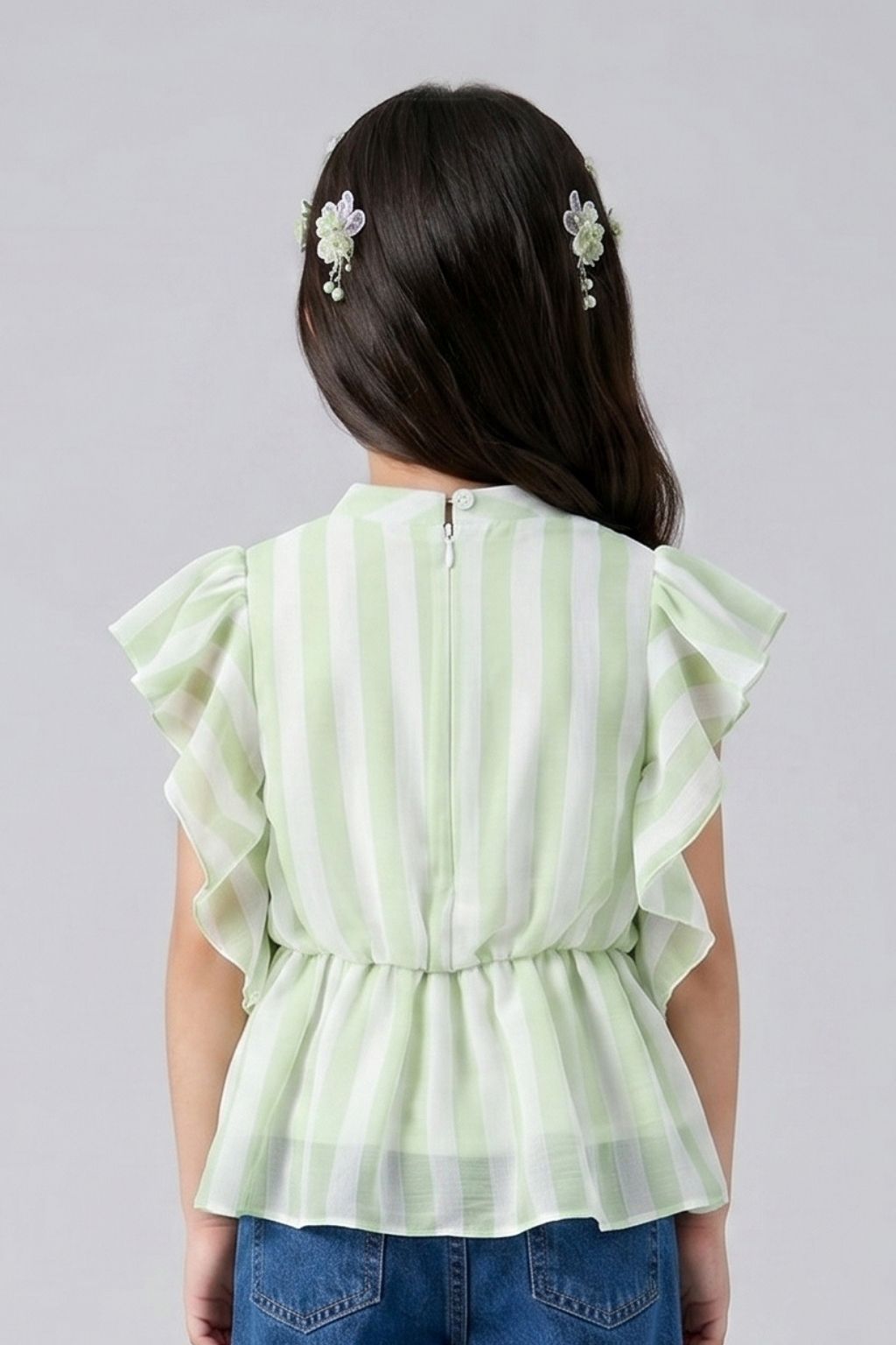 Green Striped Ruffle Sleeve Top TG5058