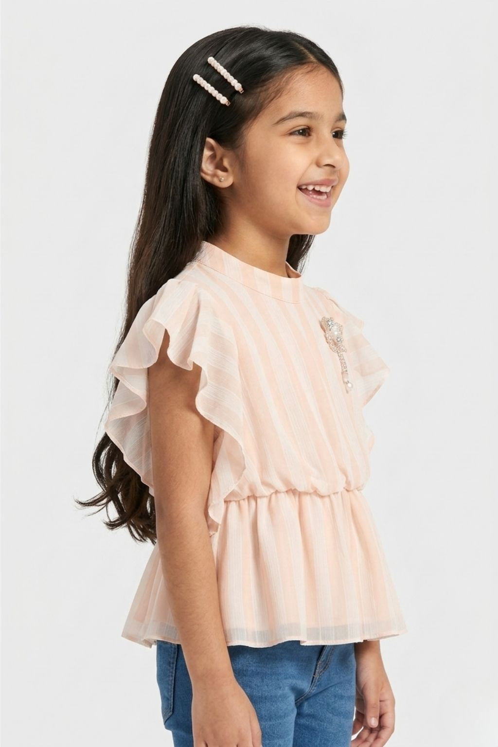 Peach Striped Ruffle Peplum Top TG5058