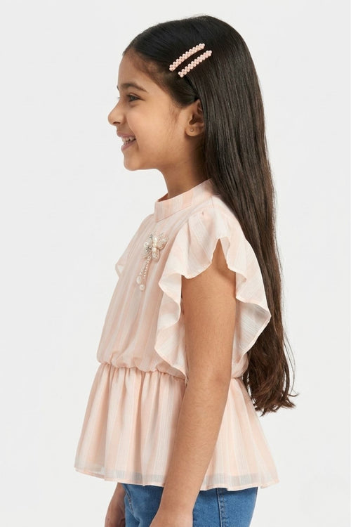 Peach Striped Ruffle Peplum Top TG5058