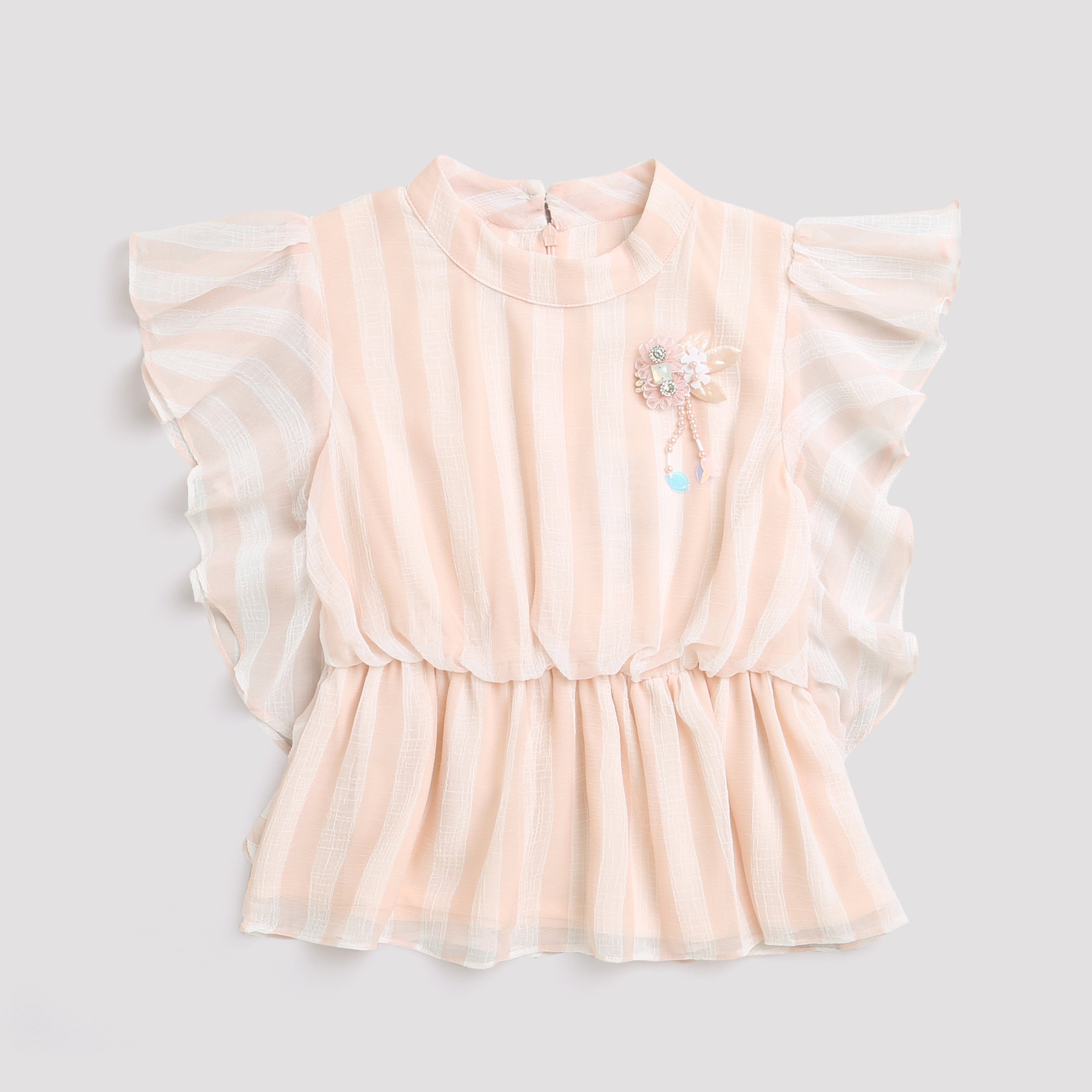 Peach Striped Ruffle Peplum Top TG5058