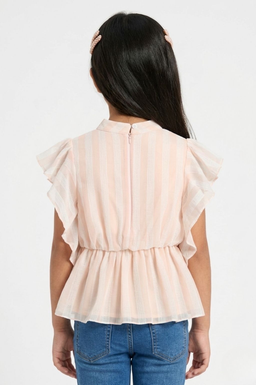 Peach Striped Ruffle Peplum Top TG5058