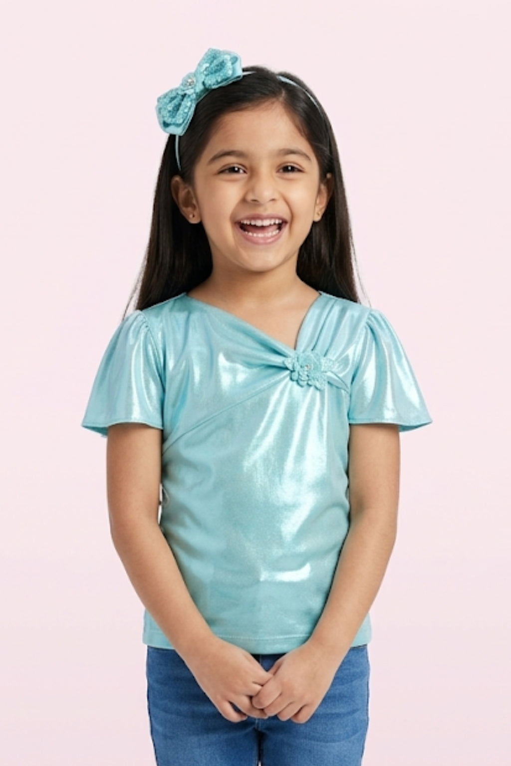 Green Shimmer Wrap Neck Party Top TG5059