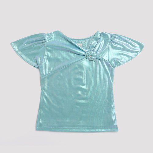 Green Shimmer Wrap Neck Party Top TG5059