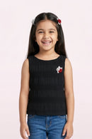 Girls Black Ribbed Floral Appliqué Top TG5060