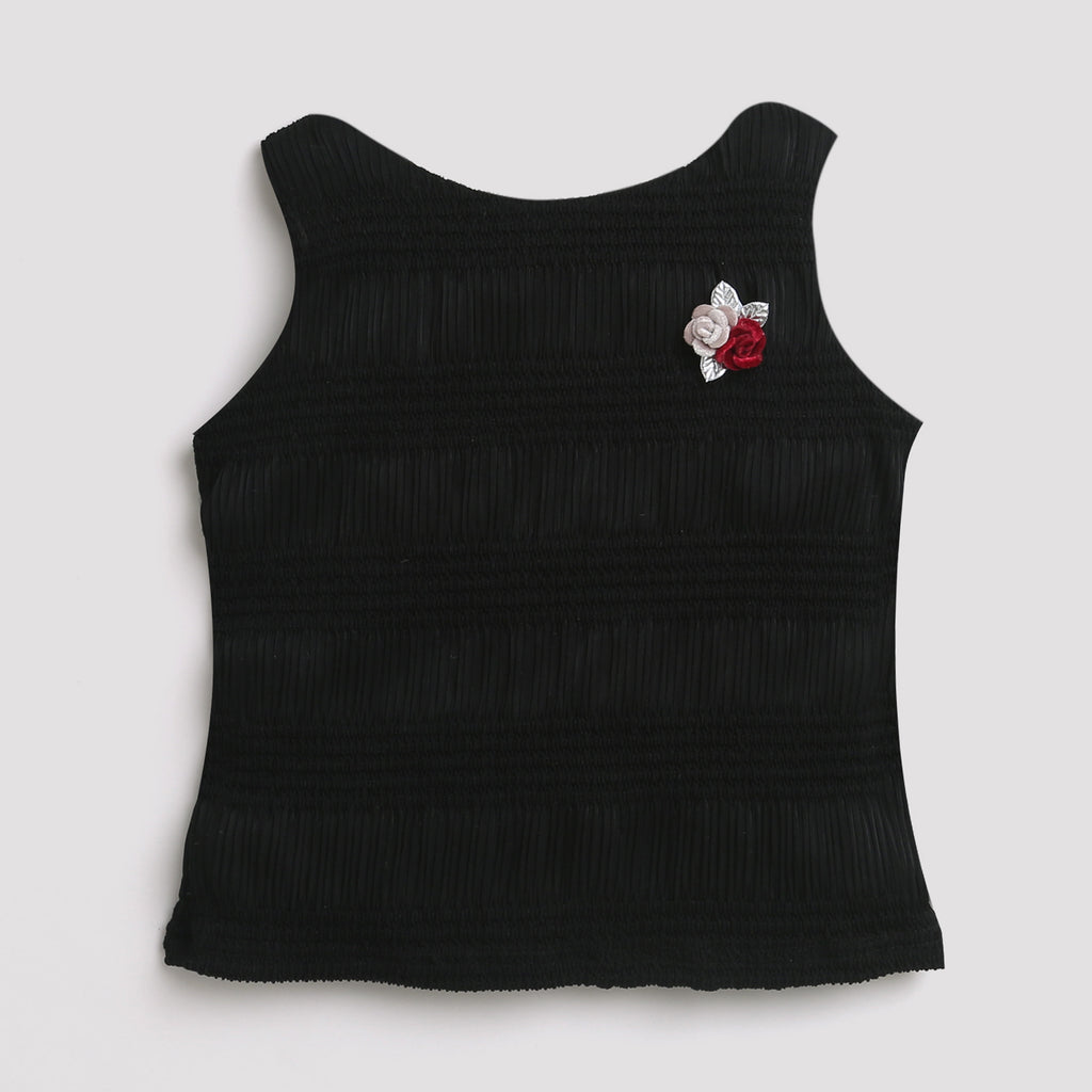 Girls Black Ribbed Floral Appliqué Top TG5060