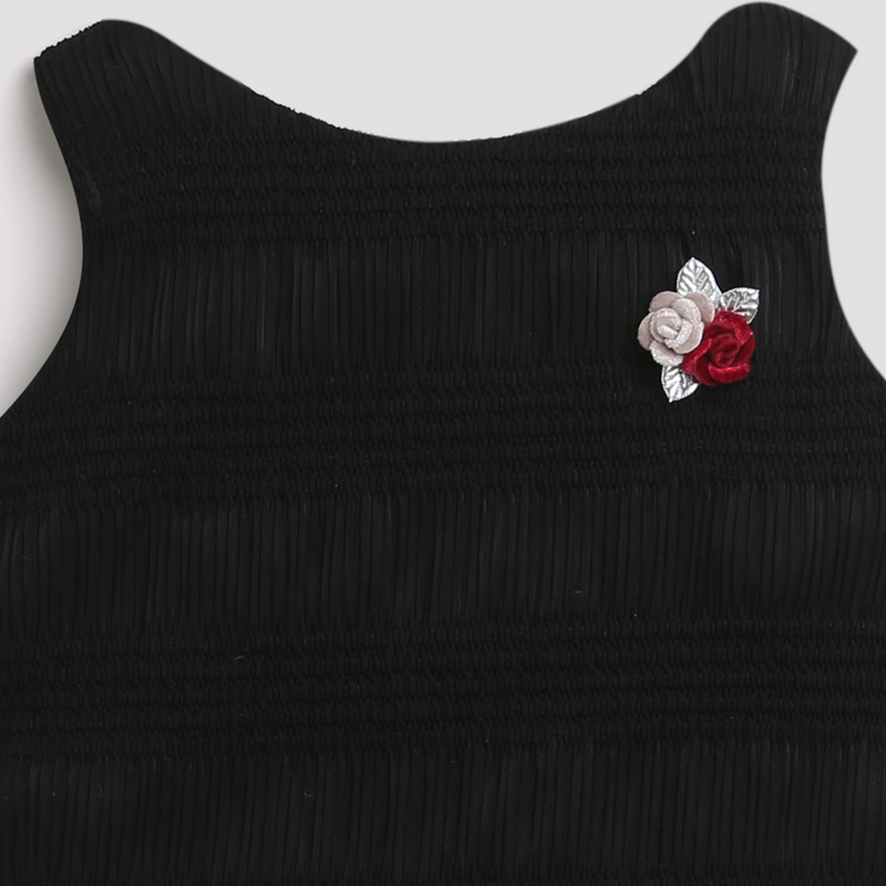 Girls Black Ribbed Floral Appliqué Top TG5060