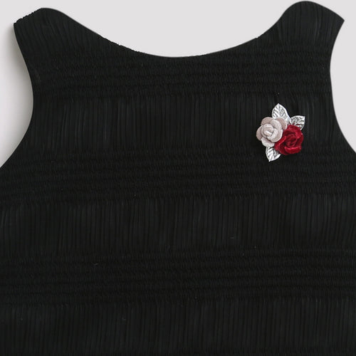 Girls Black Ribbed Floral Appliqué Top TG5060