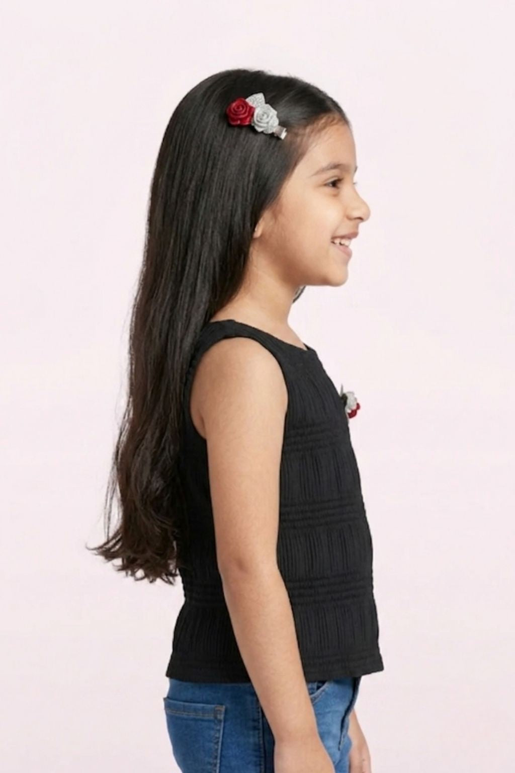 Girls Black Ribbed Floral Appliqué Top TG5060
