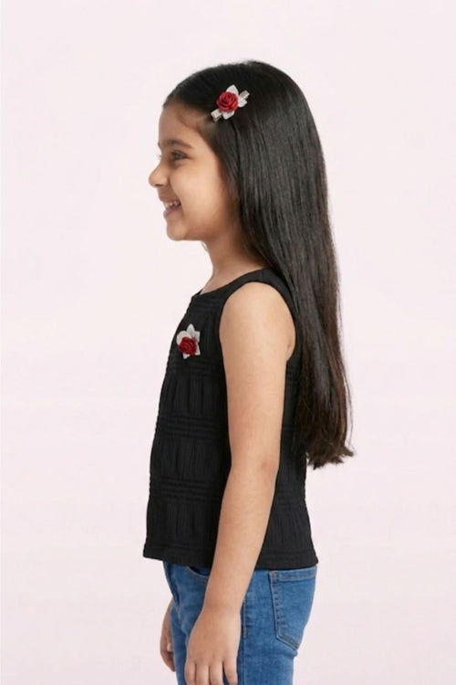 Girls Black Ribbed Floral Appliqué Top TG5060
