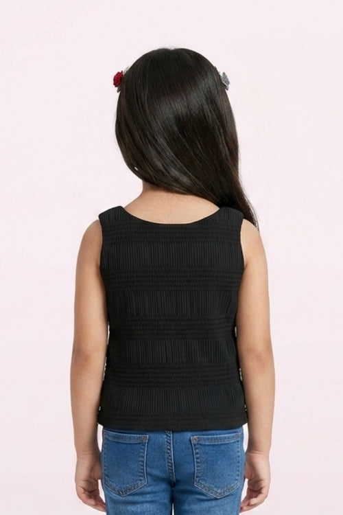 Girls Black Ribbed Floral Appliqué Top TG5060