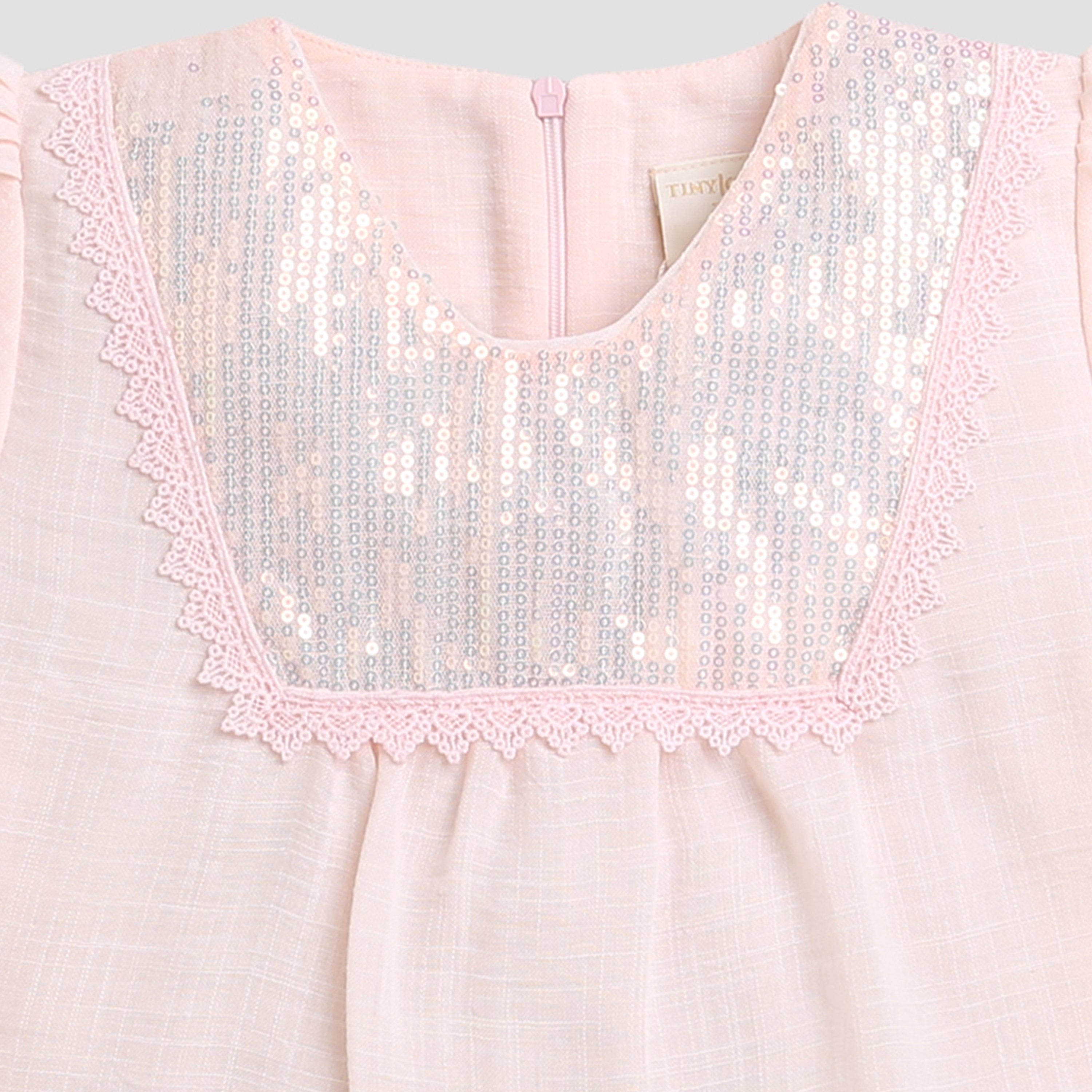 Peach Sequin Yoke Puff Sleeve Top TG5064