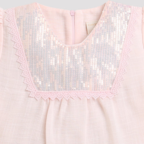 Peach Sequin Yoke Puff Sleeve Top TG5064