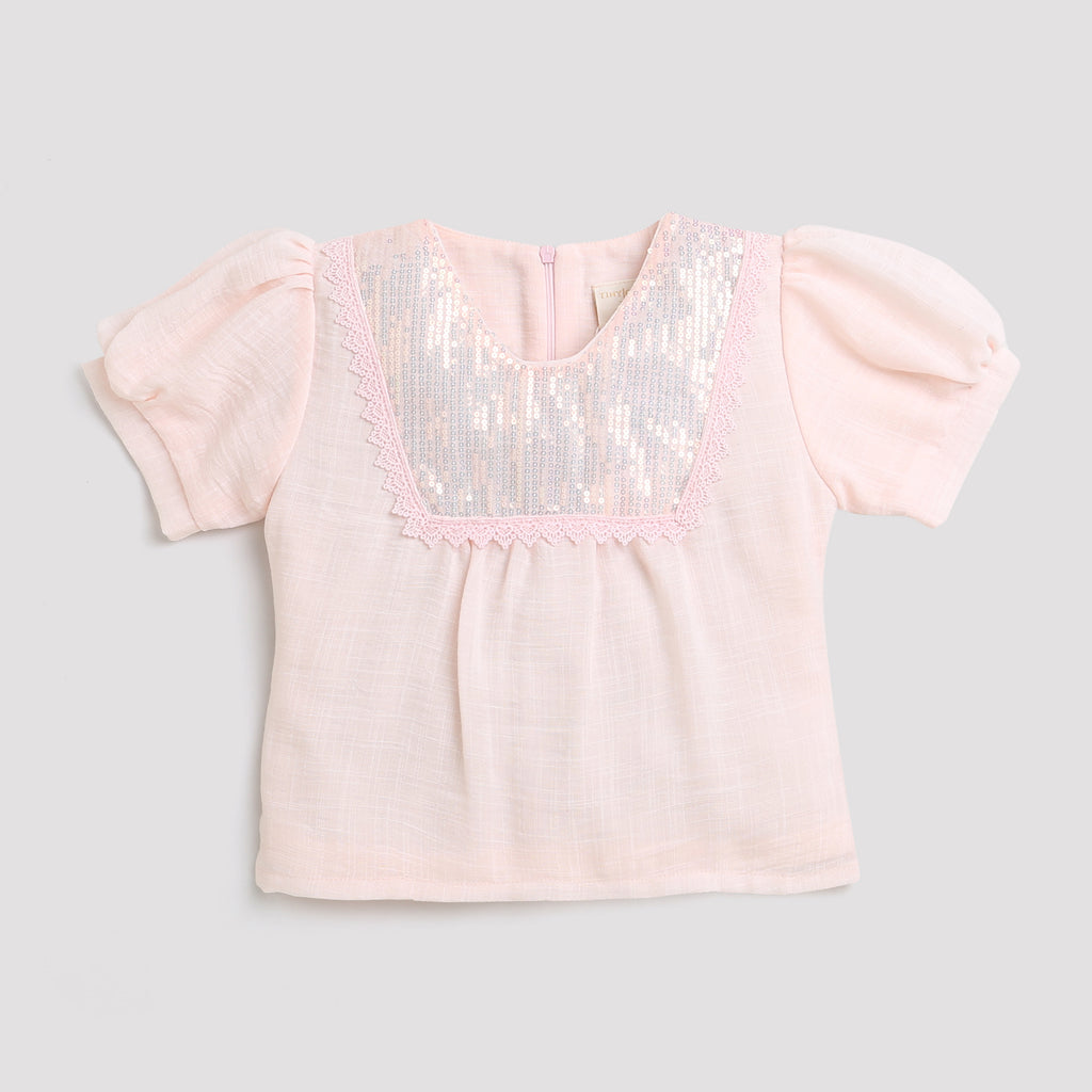 Peach Sequin Yoke Puff Sleeve Top TG5064