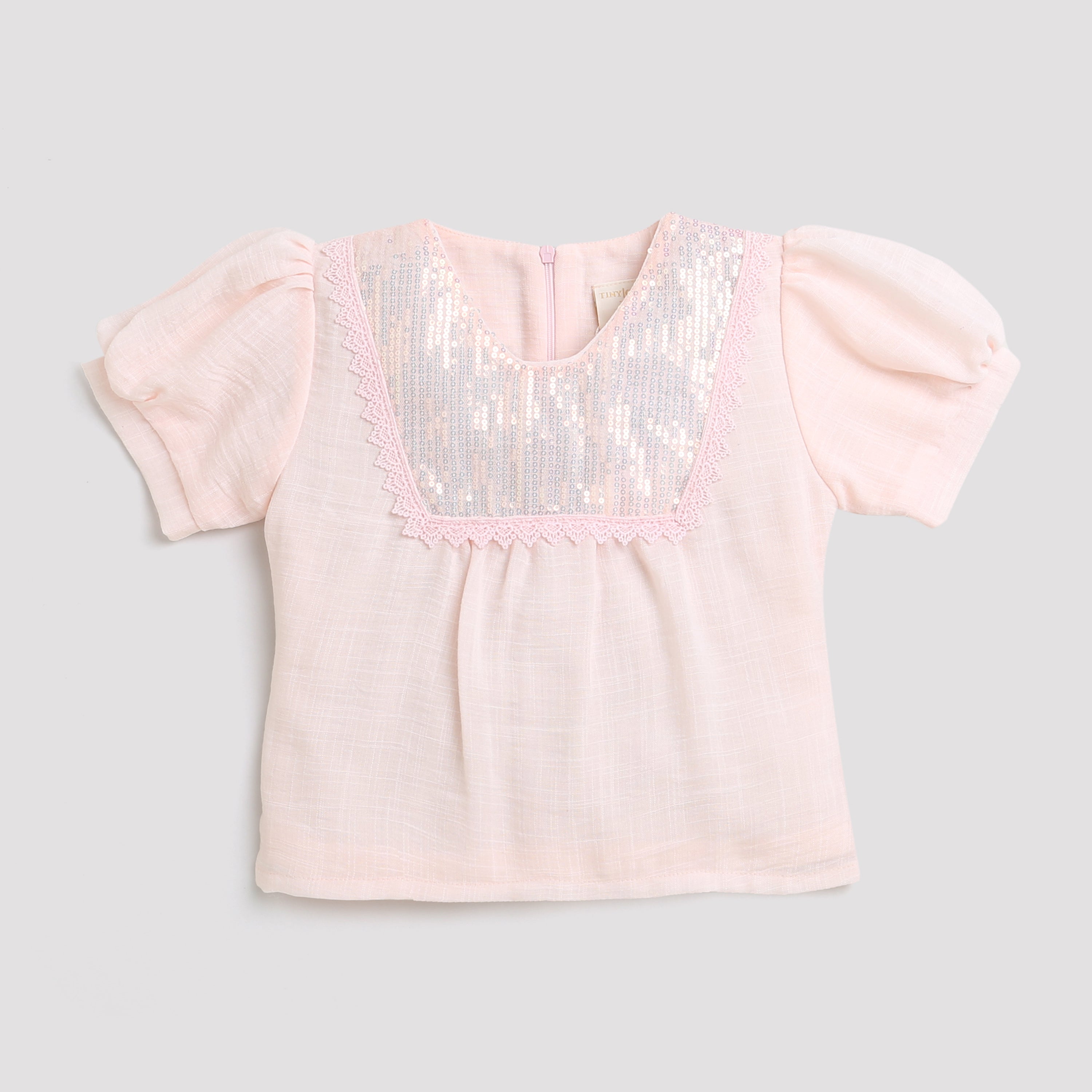 Peach Sequin Yoke Puff Sleeve Top TG5064