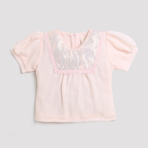 Peach Sequin Yoke Puff Sleeve Top TG5064
