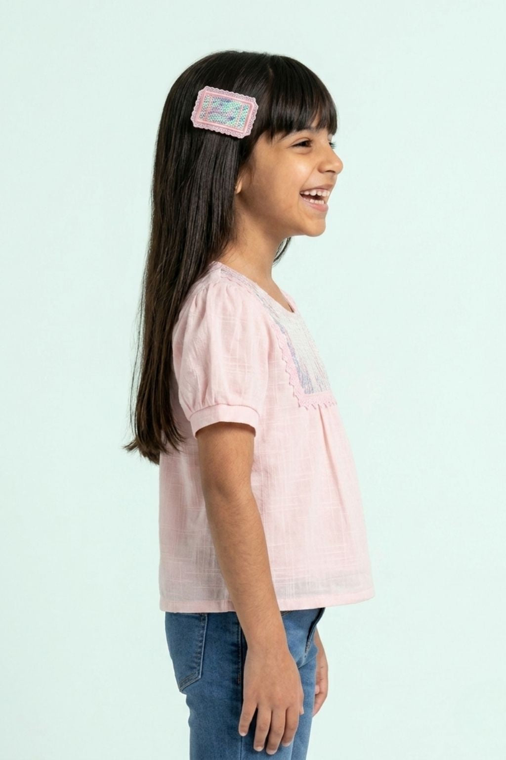 Peach Sequin Yoke Puff Sleeve Top TG5064