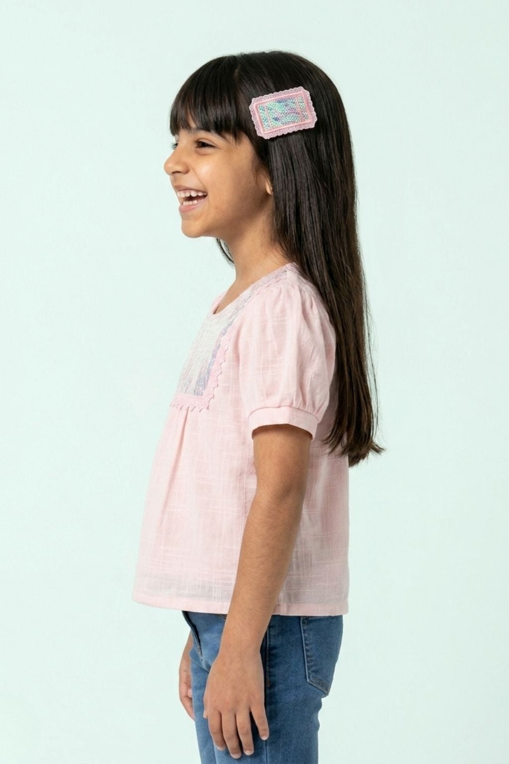 Peach Sequin Yoke Puff Sleeve Top TG5064