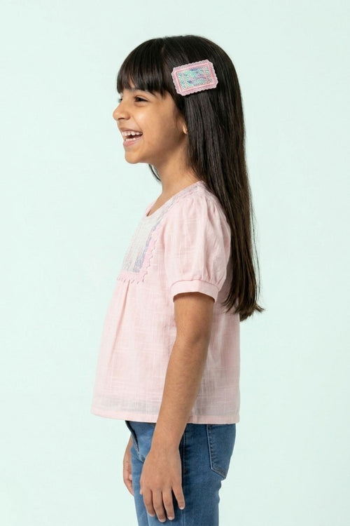 Peach Sequin Yoke Puff Sleeve Top TG5064