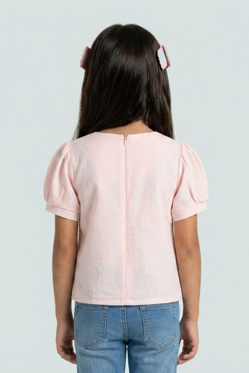Peach Sequin Yoke Puff Sleeve Top TG5064