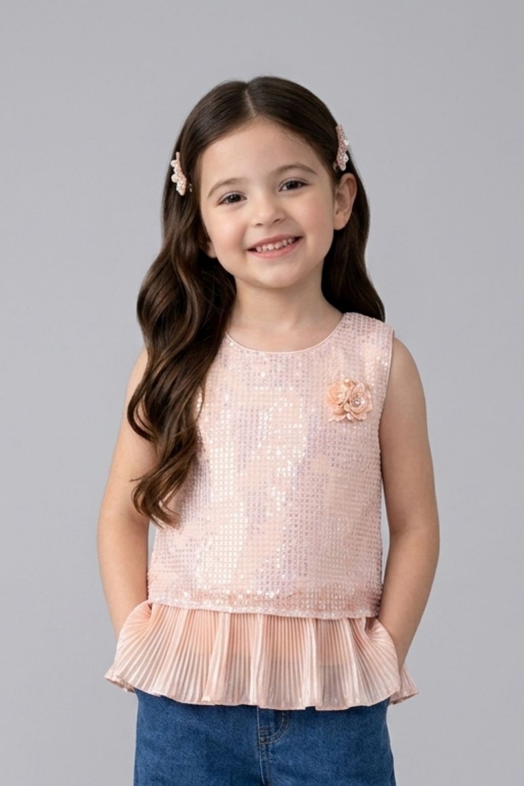 Peach Sequin Embellished Peplum Top TG5067
