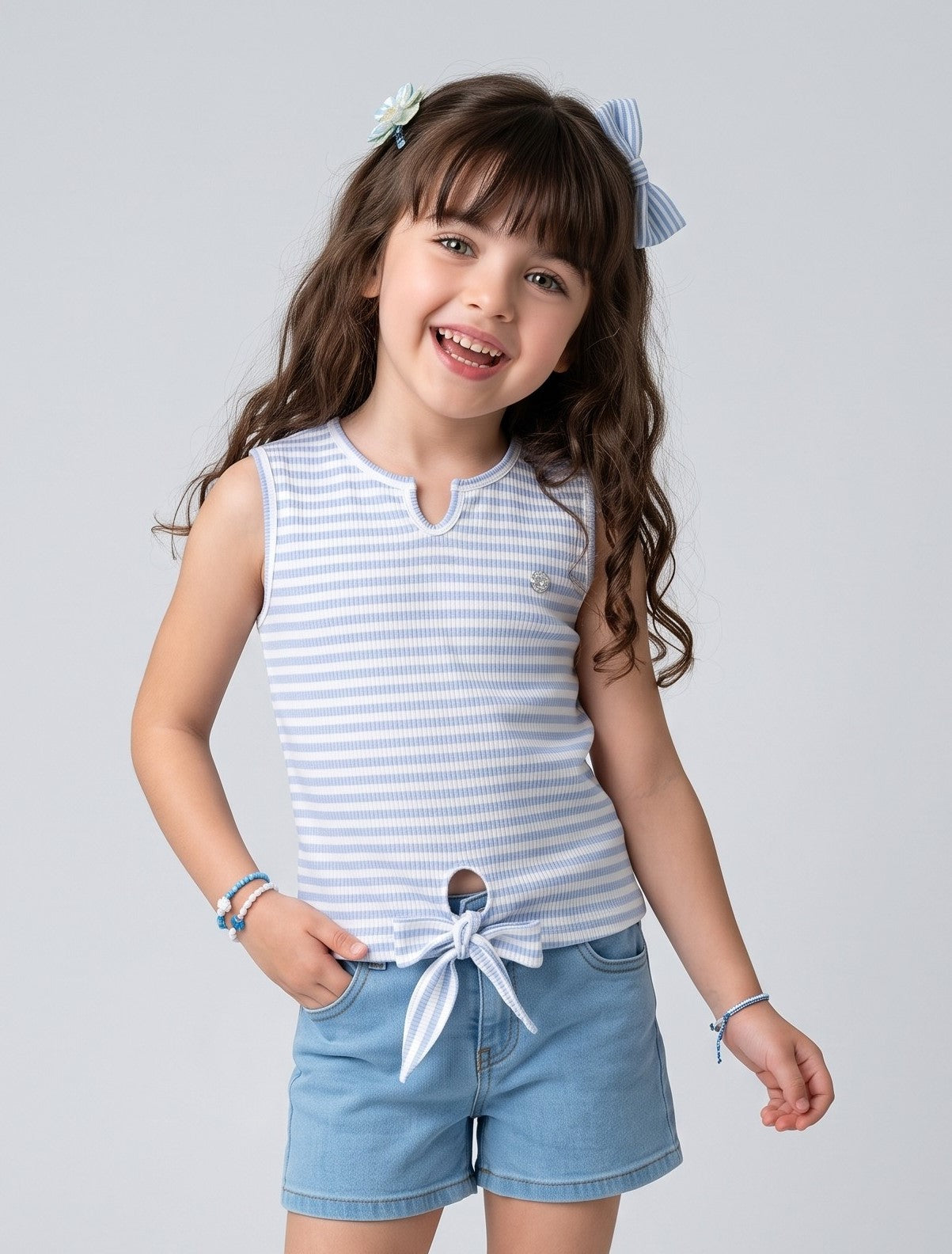 Blue & White Striped Sleeveless Tie-Hem Top TG5072