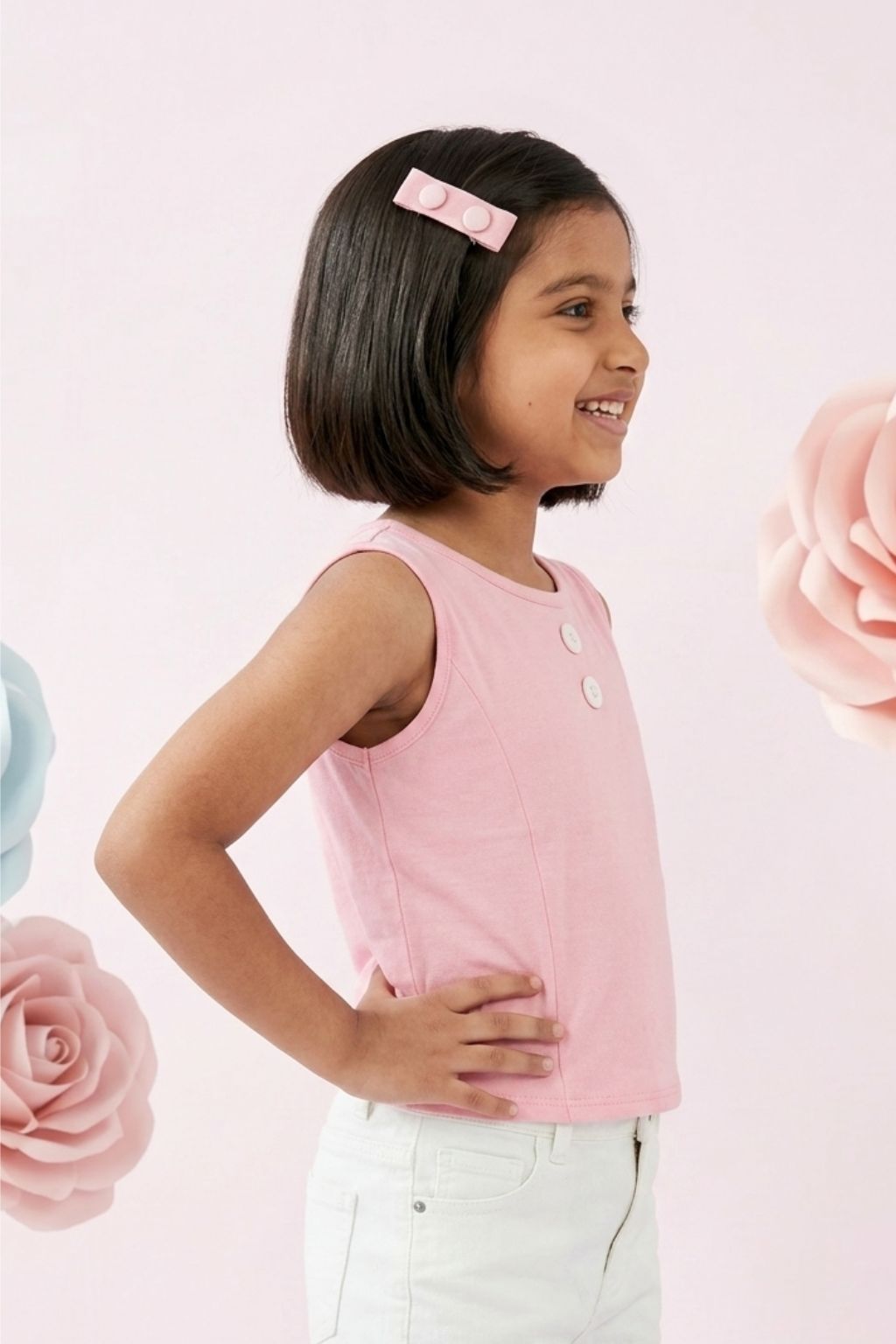 Girls Pink Sleeveless Button Detail Crop Top TG5078