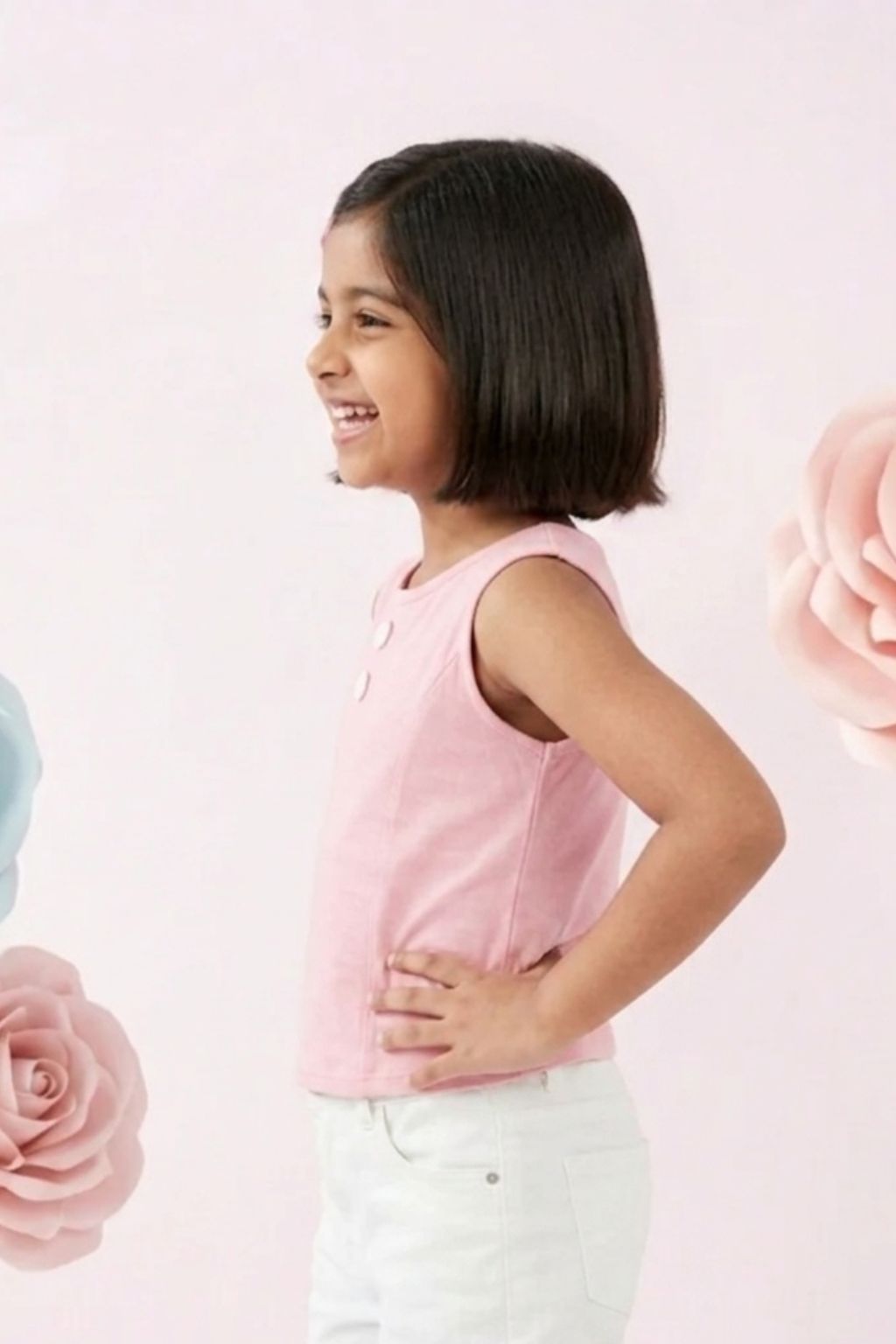 Girls Pink Sleeveless Button Detail Crop Top TG5078