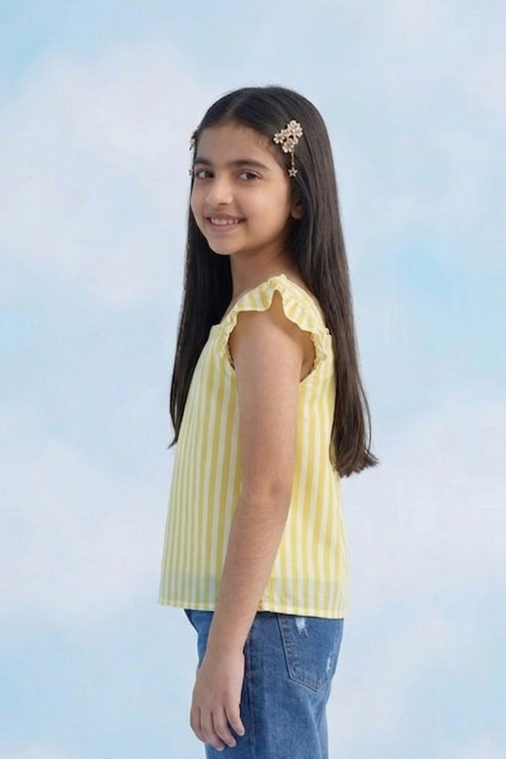 Sunny Yellow Striped Ruffle Sleeve Top TG5088