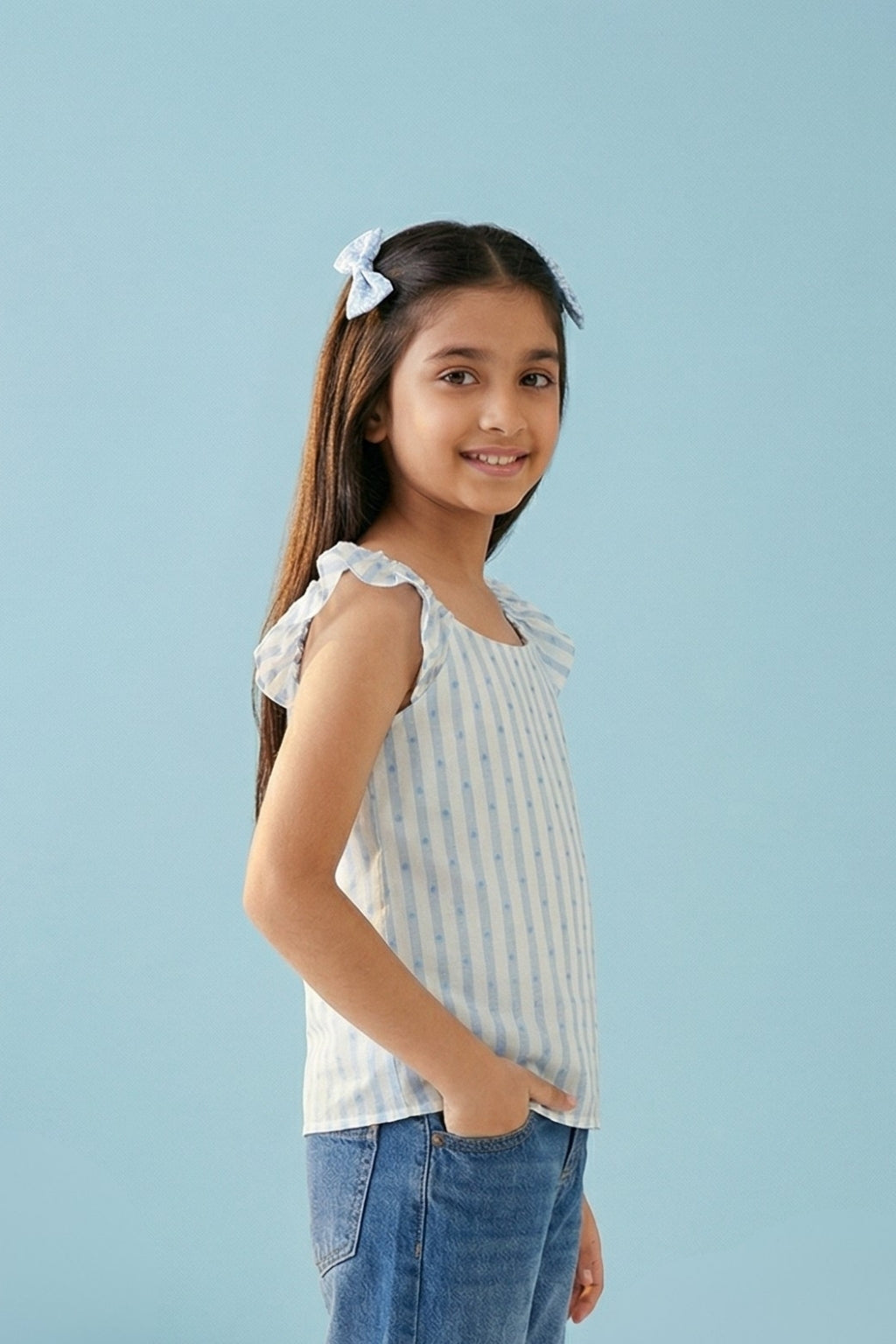 Blue Stripe Ruffle Sleeve Top TG5088